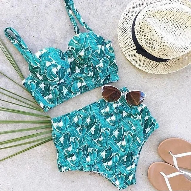 Floral Print High Waist Swimsuit (Two Piece)