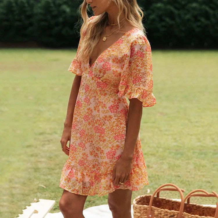 Flower print Sexy Backless Dress