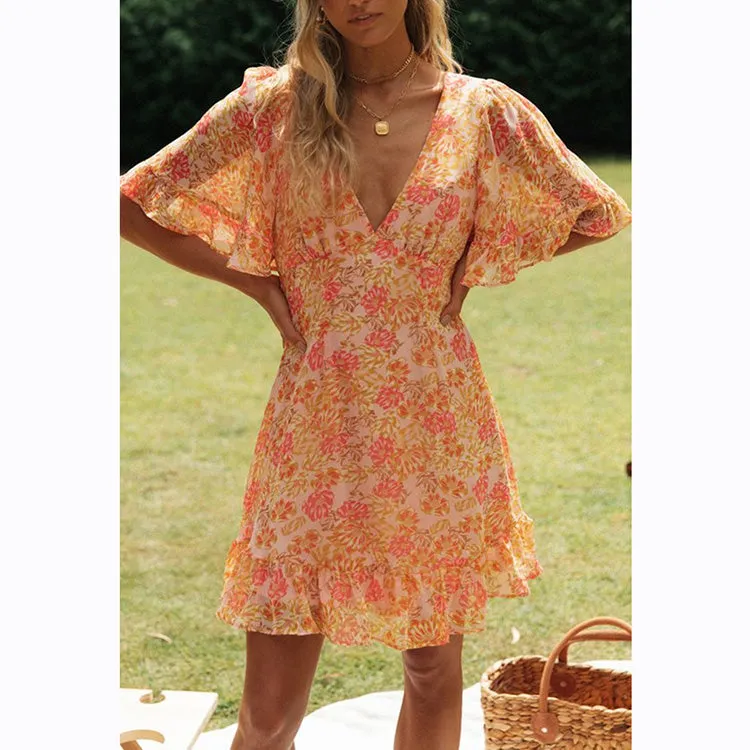 Flower print Sexy Backless Dress