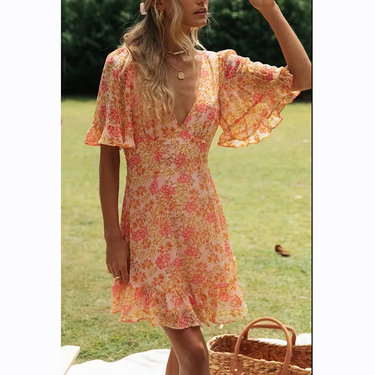 Flower print Sexy Backless Dress