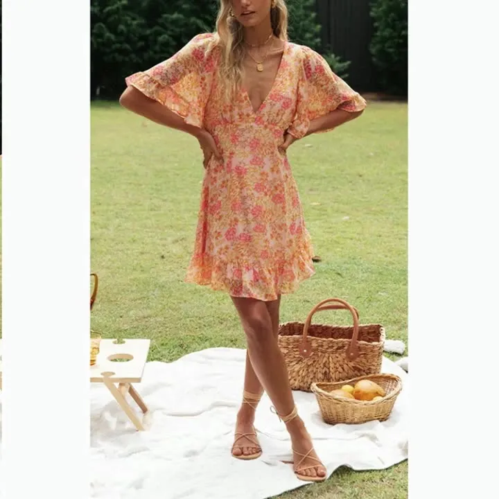 Flower print Sexy Backless Dress