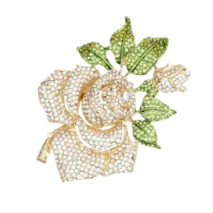 Flower Rose with Green Leaf Rhinestone Brooch Pin - Gold Crystal