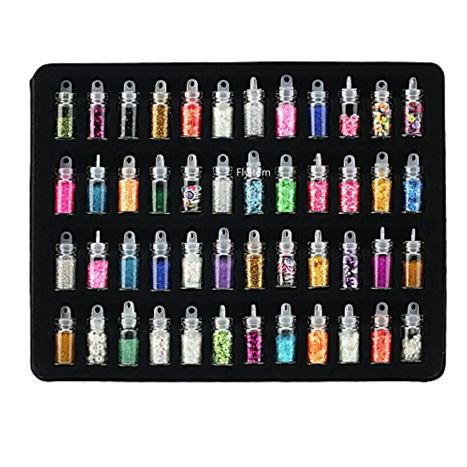 FlyItem 48 Bottles/Set DIY Nail Art Charms Kit Contain Random Nail Art Pearl Sequin Nail Glitter Powder Acrylic Rhinestone Decoration Kit Makeup Cosmetic Tool