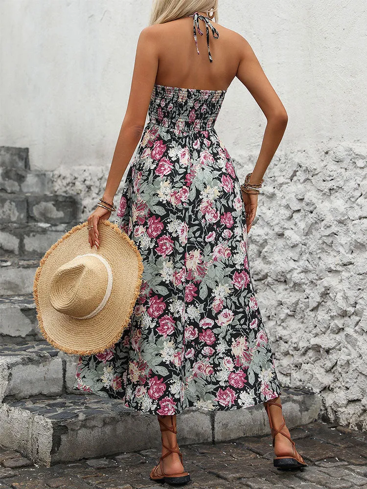 French Country Style Backless Floral Print Suspender Dress