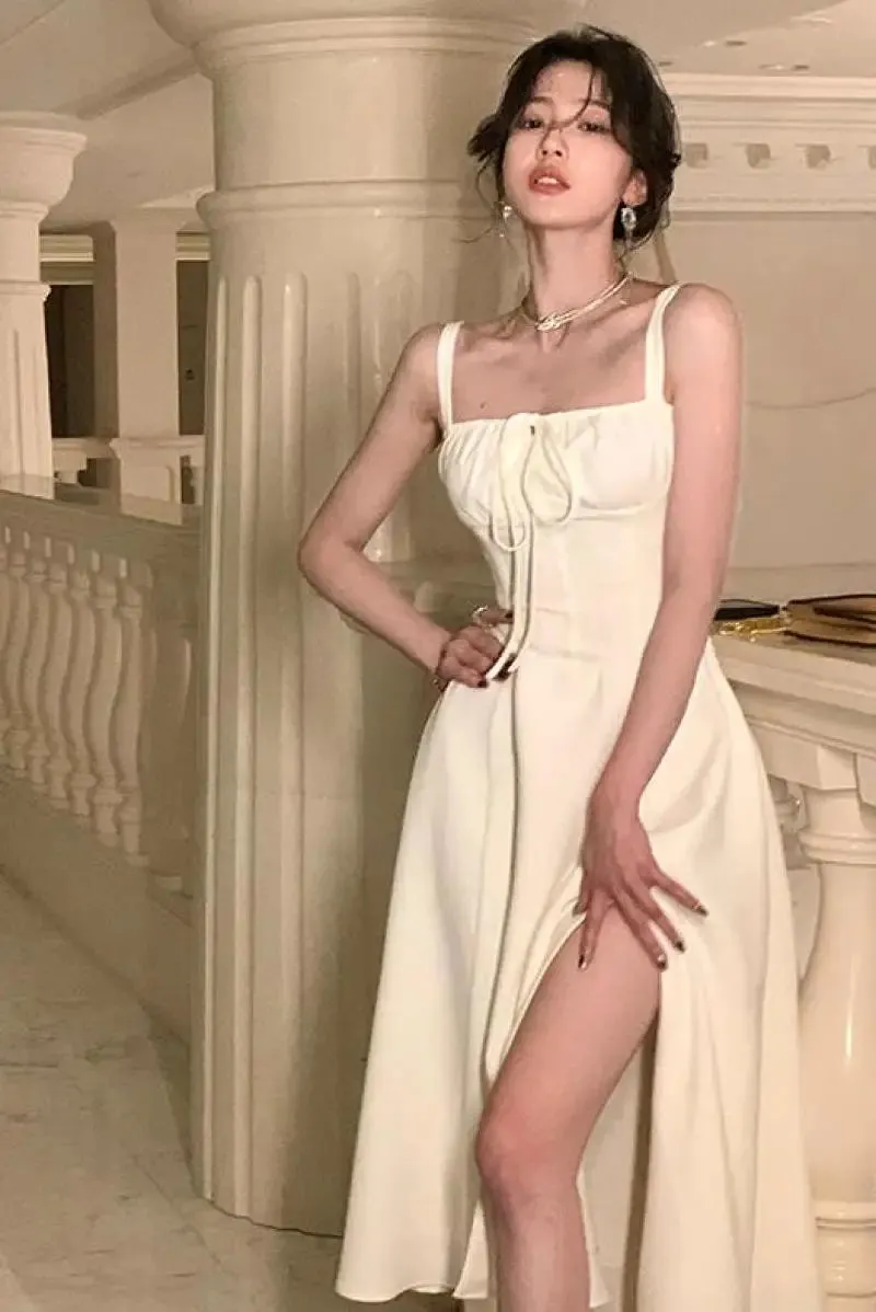 French Elegant White Strap Midi Dress