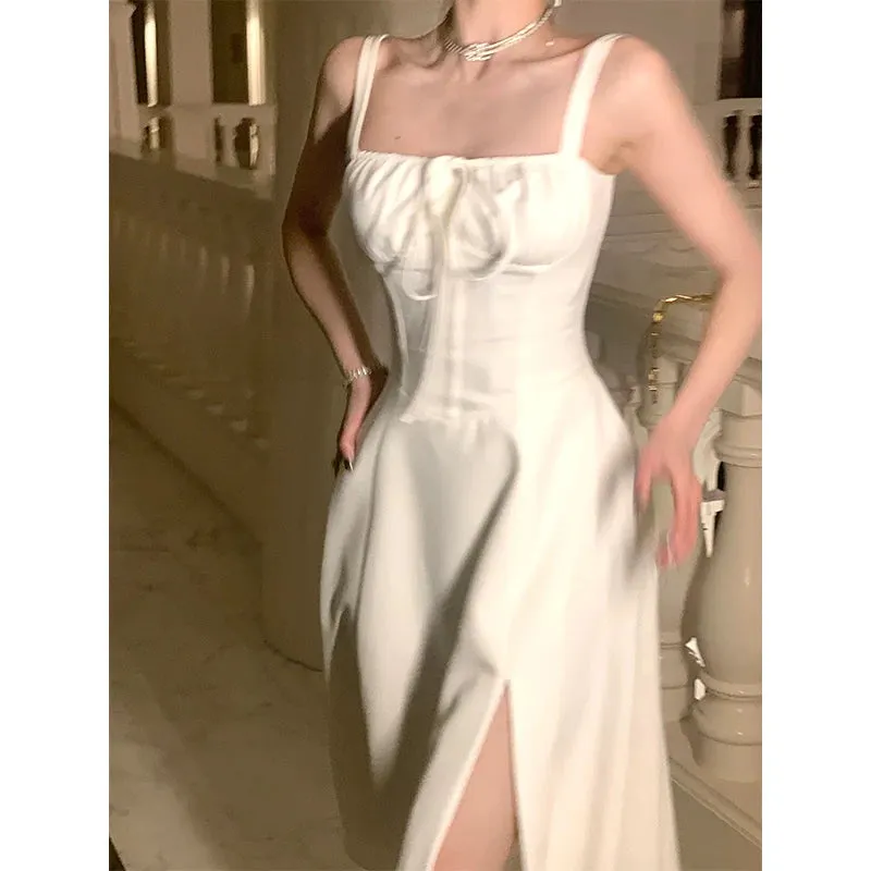 French Elegant White Strap Midi Dress