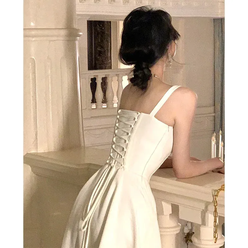 French Elegant White Strap Midi Dress