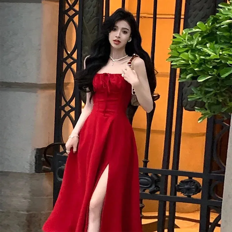French Elegant White Strap Midi Dress