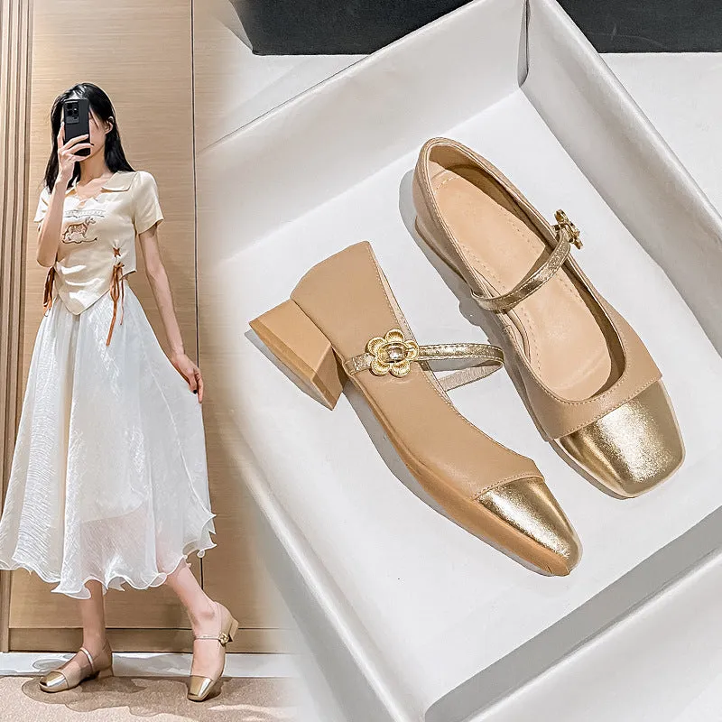 French Style Mary Jane Leather Women's Thick Heel Large Size Shoes