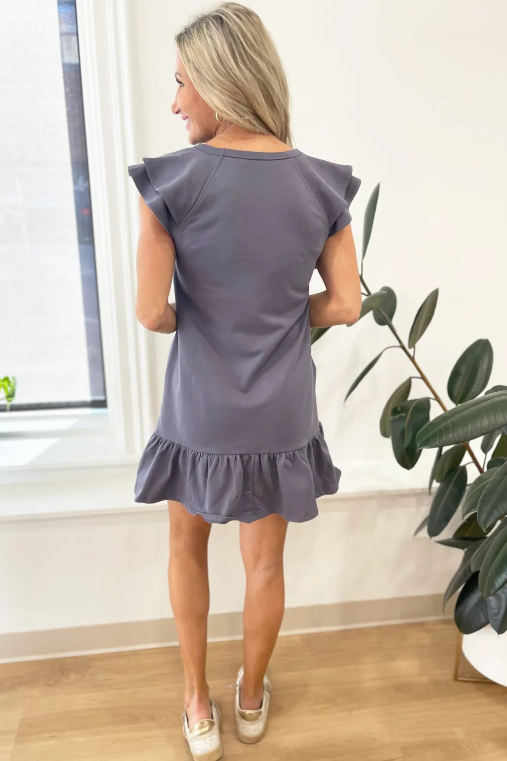 French Terry V-Neck Double Ruffle Cap Sleeve Mini Dress