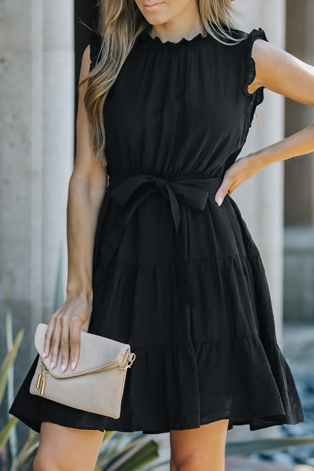 Frilled Neck Sleeveless Tiered Tulle Dress