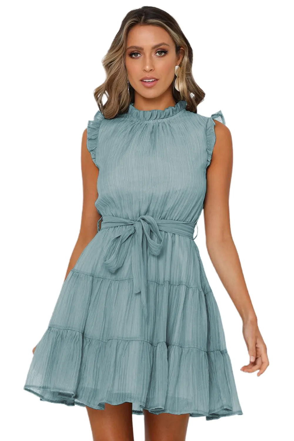 Frilled Neck Sleeveless Tiered Tulle Dress