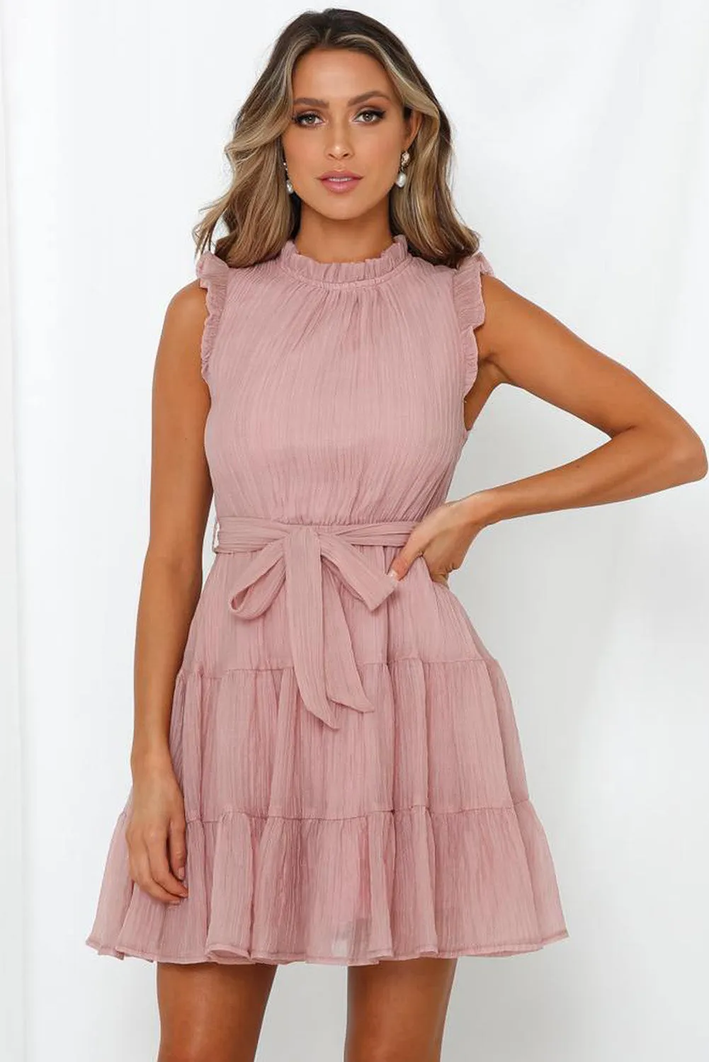 Frilled Neck Sleeveless Tiered Tulle Dress