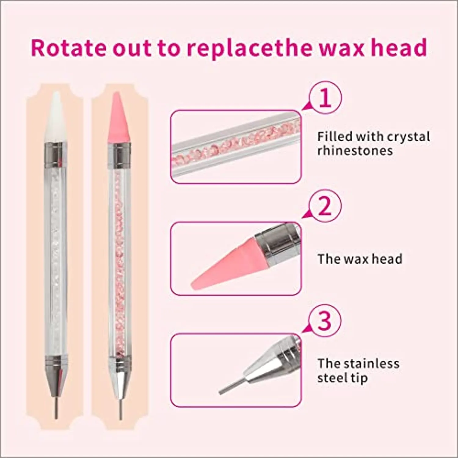 GALACALA 2 Pack Rhinestone Picker Dotting Pen, Diamond Painting Pen Dual-end Rhinestones Pickup Tool for Nail Gems Stones Crystals DIY Nail Art Tools With with 2 Replaceable Wax Heads and 1X Tweezer