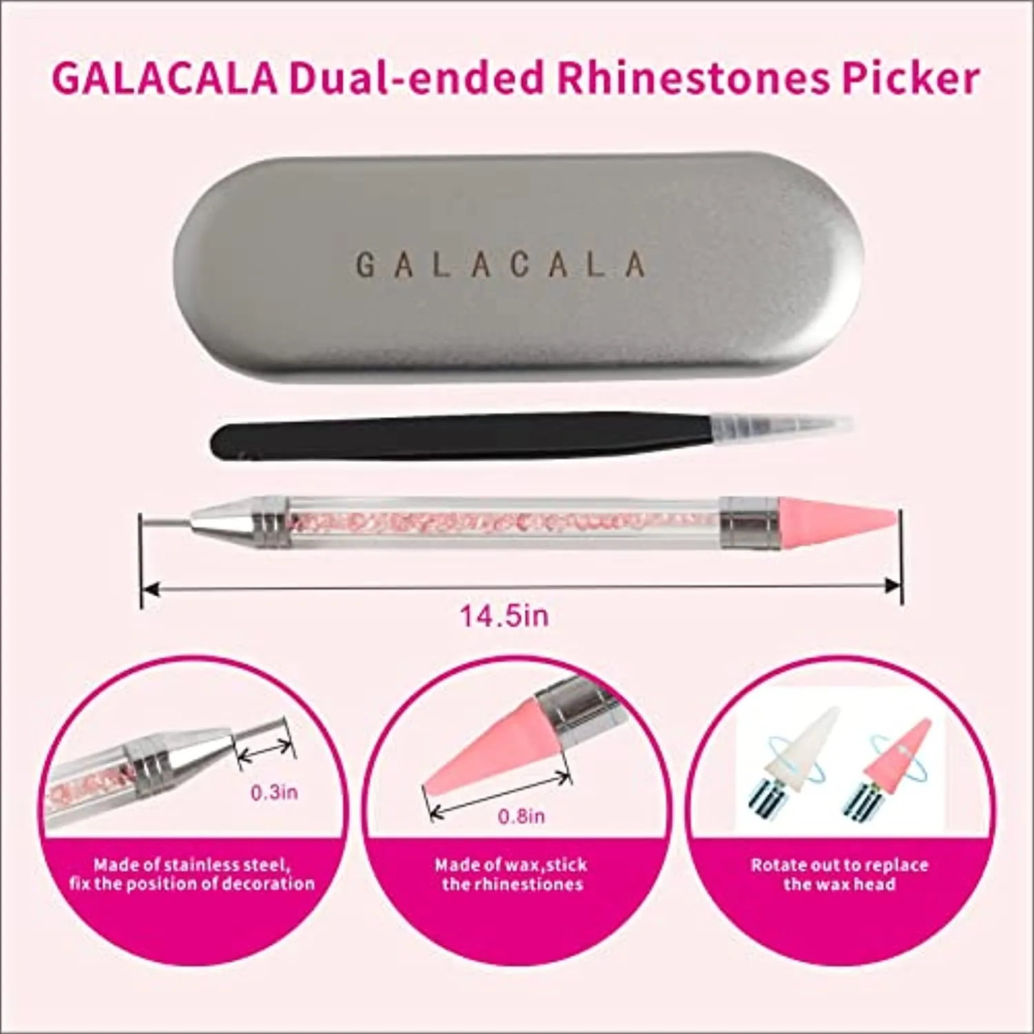 GALACALA 2 Pack Rhinestone Picker Dotting Pen, Diamond Painting Pen Dual-end Rhinestones Pickup Tool for Nail Gems Stones Crystals DIY Nail Art Tools With with 2 Replaceable Wax Heads and 1X Tweezer