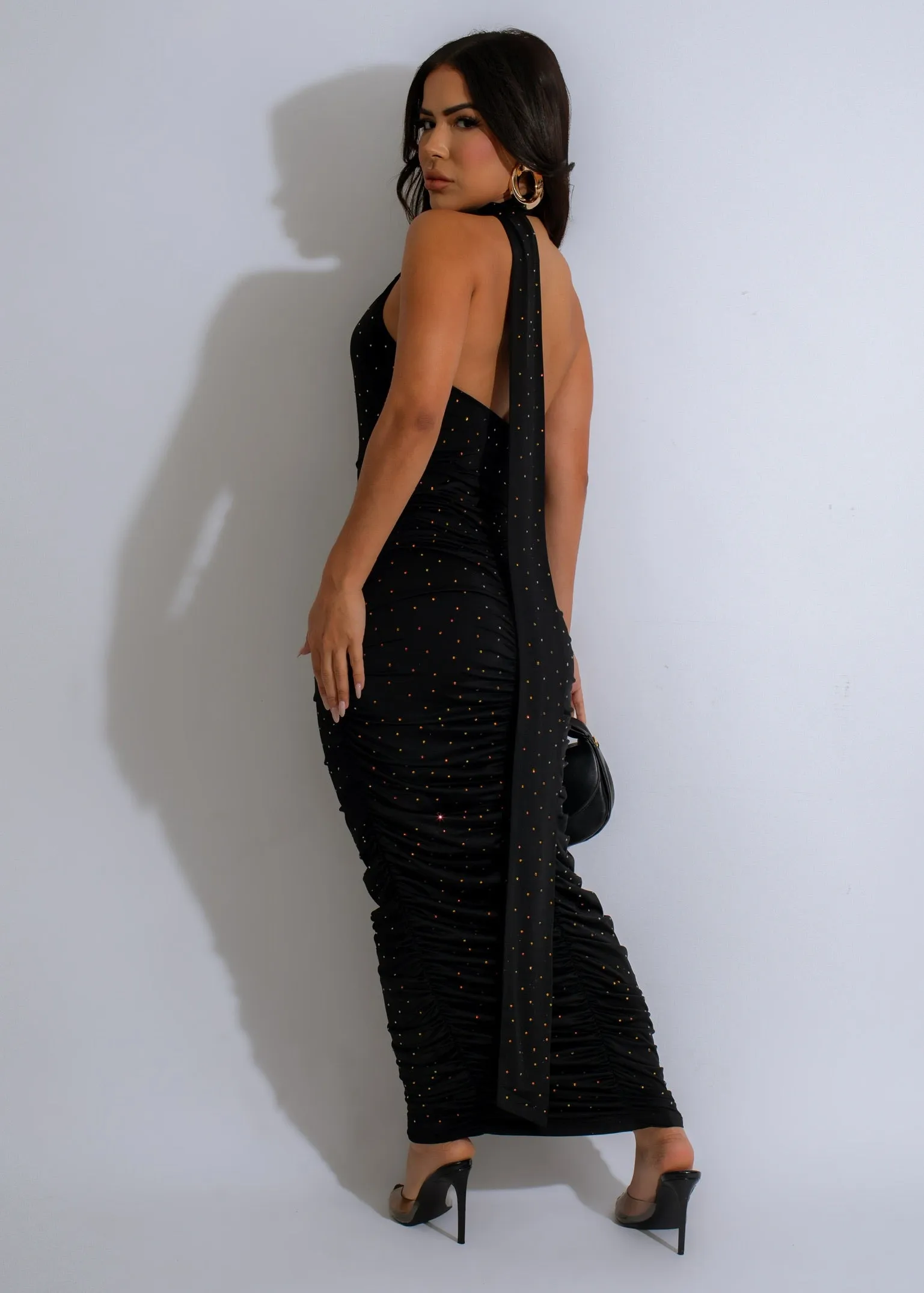 Galaxy Glimmer Rhinestones Ruched Maxi Dress Black