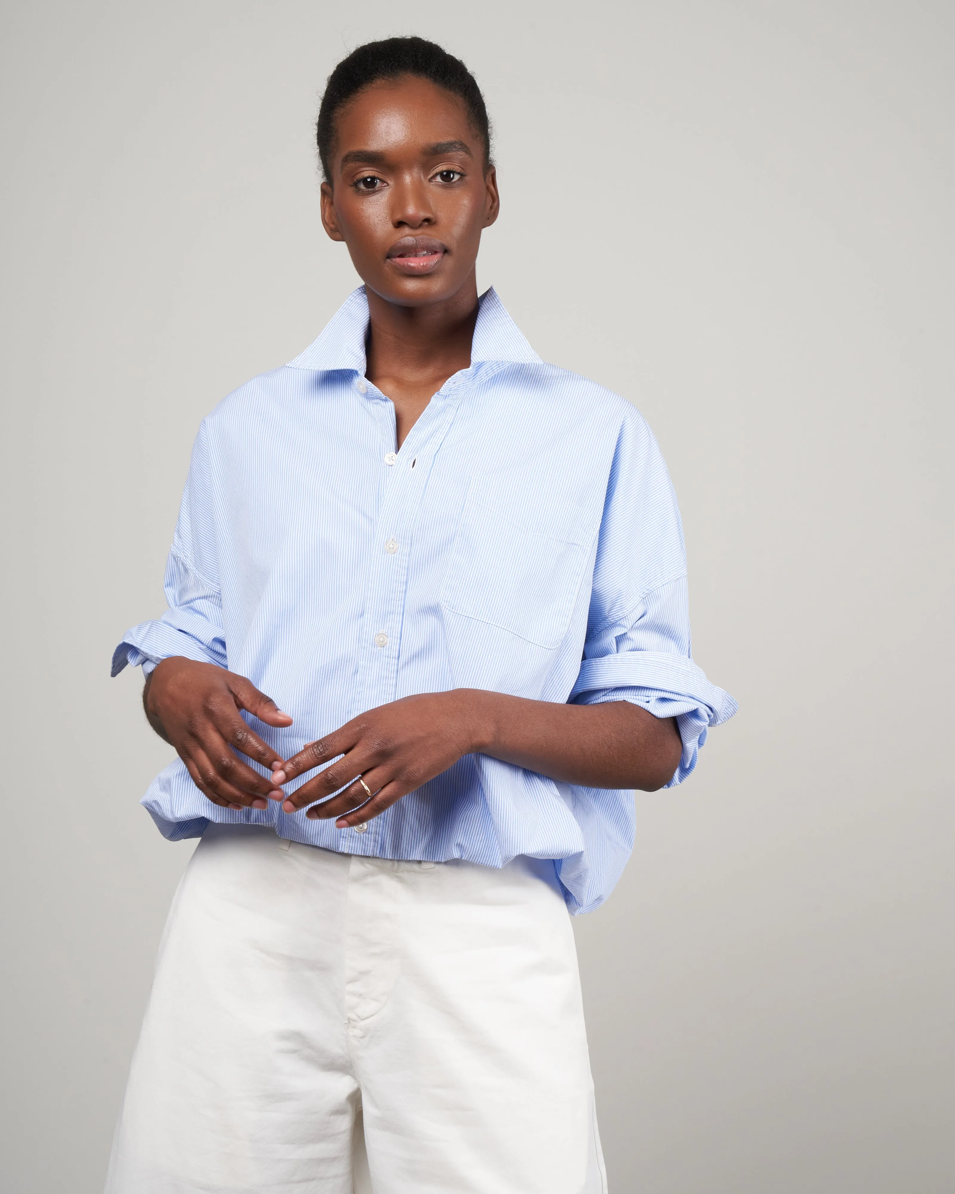 gathered hem shirt - light blue pinstripe