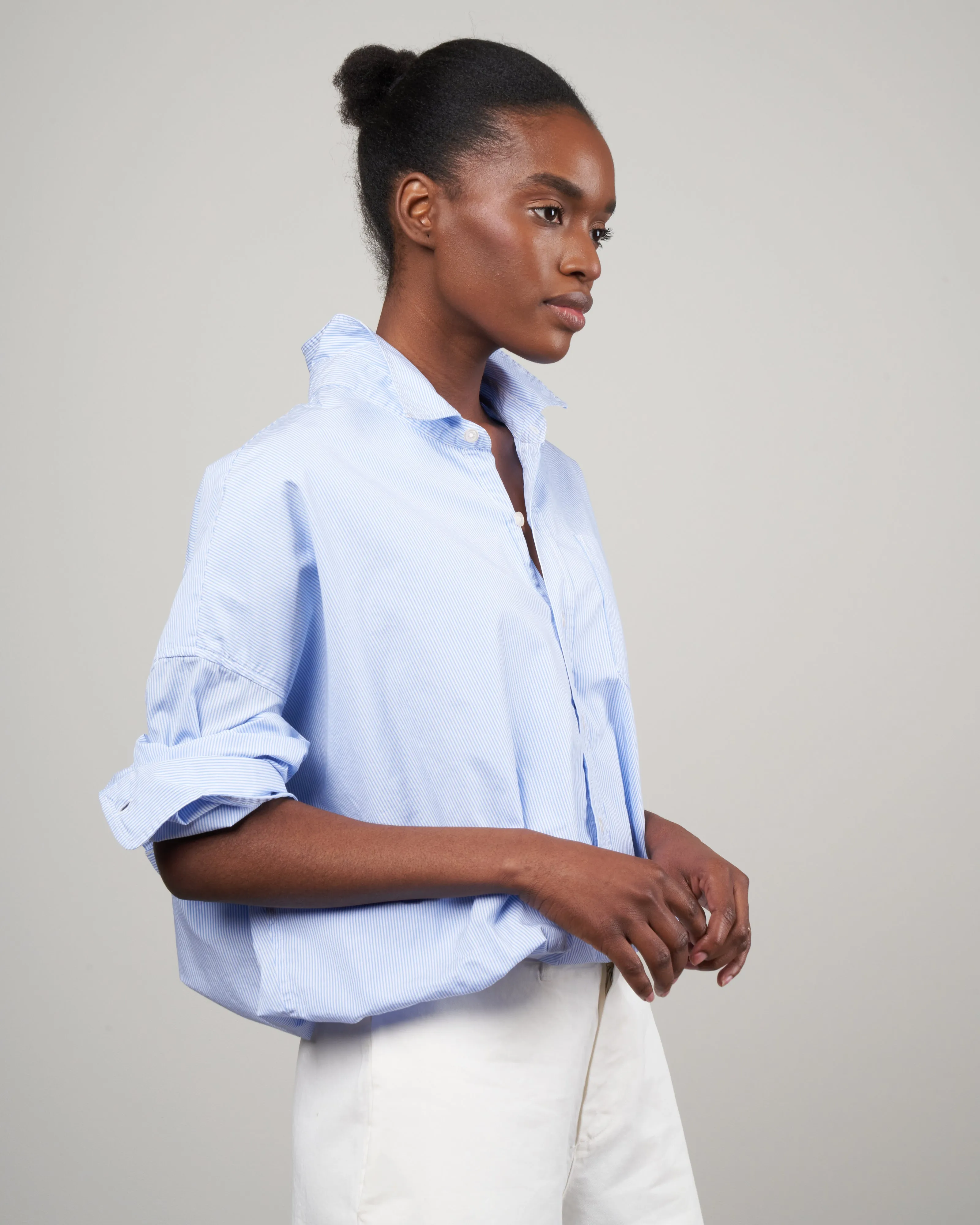 gathered hem shirt - light blue pinstripe