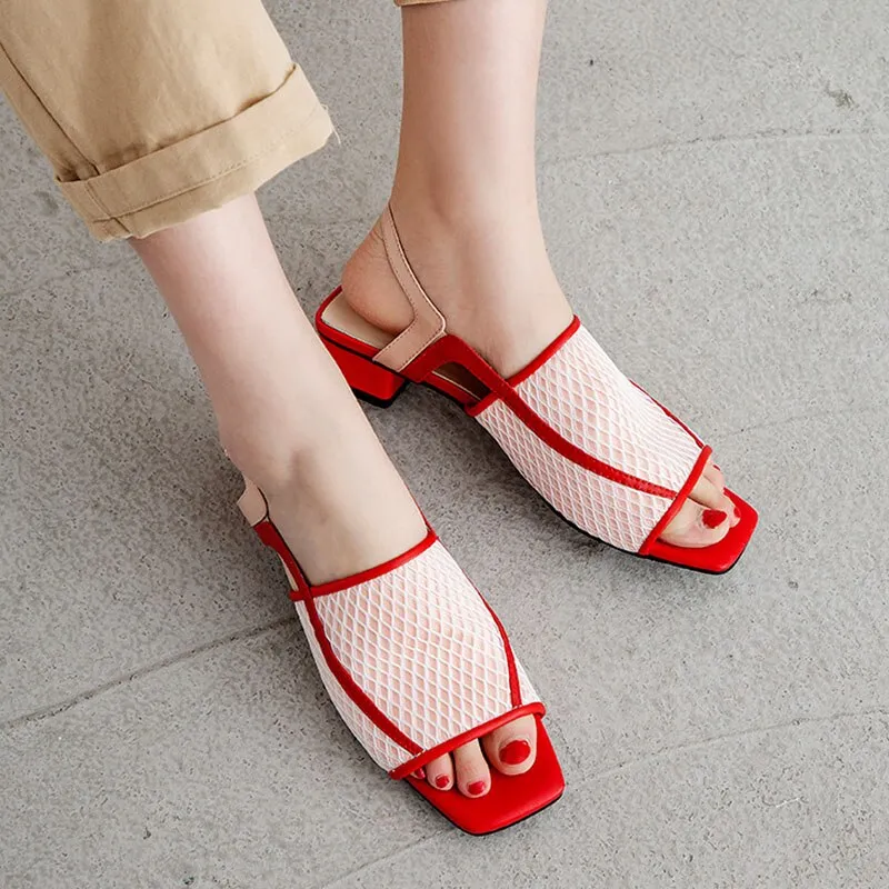 Genuine Leather Summer Party Elegant Women Shoes Air Mesh Woman Chunky Heel Sandals Shoes Woman