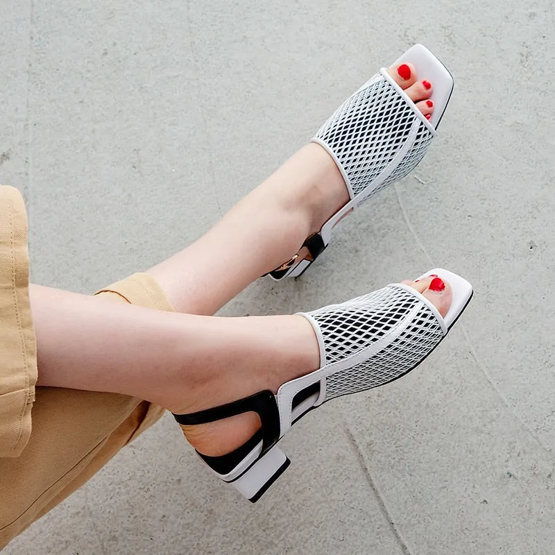 Genuine Leather Summer Party Elegant Women Shoes Air Mesh Woman Chunky Heel Sandals Shoes Woman