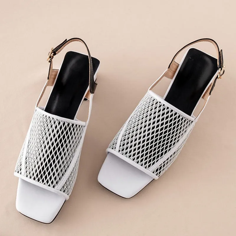 Genuine Leather Summer Party Elegant Women Shoes Air Mesh Woman Chunky Heel Sandals Shoes Woman