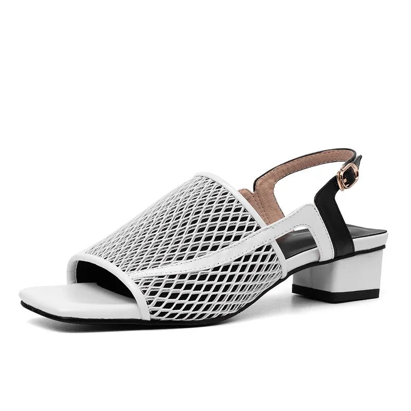Genuine Leather Summer Party Elegant Women Shoes Air Mesh Woman Chunky Heel Sandals Shoes Woman