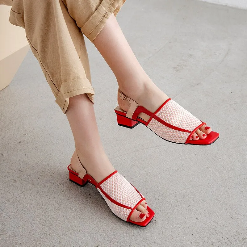 Genuine Leather Summer Party Elegant Women Shoes Air Mesh Woman Chunky Heel Sandals Shoes Woman