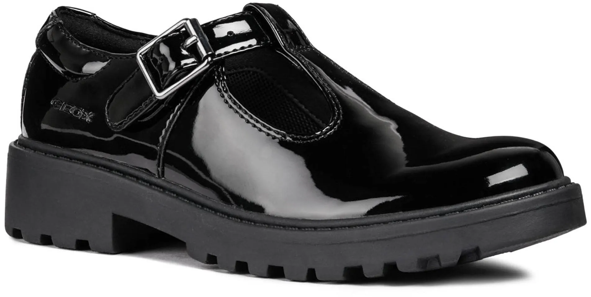 Geox Casey Patent T Bar Buckle School Shoe