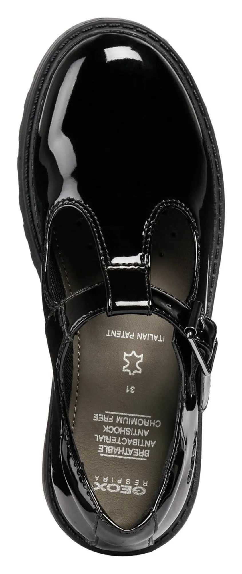 Geox Casey Patent T Bar Buckle School Shoe