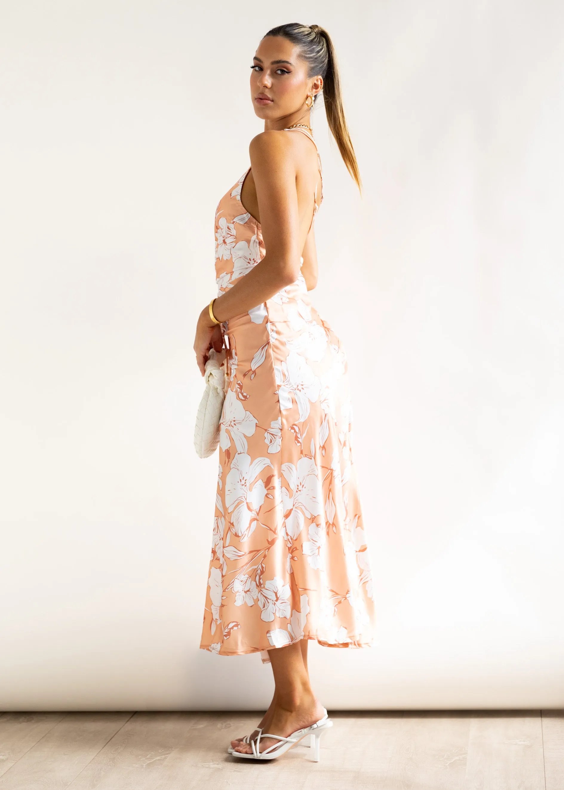 Gertie Midi Dress - Peach Flowers