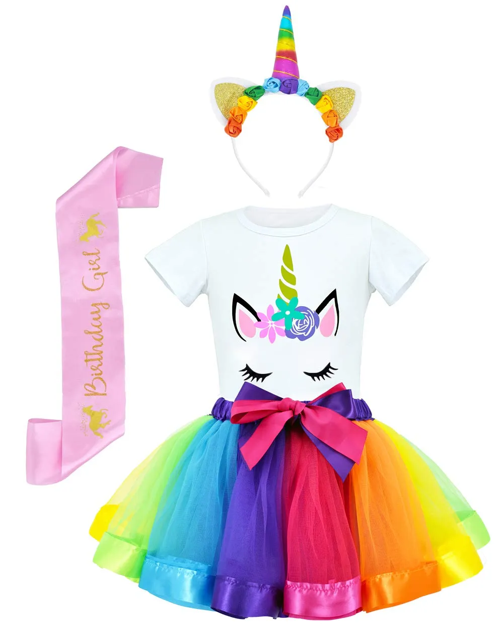 Girls Costume Rainbow Tutu Skirt with Unicorn Shirt, Headband & Satin Sash