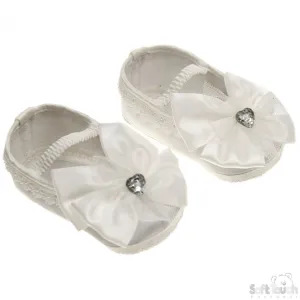 Girls Satin Shoes W/Large Satin Bow & Stitched Heart Diamonte (B91-C)