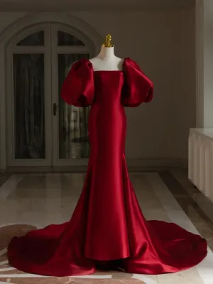 Glam Satin Puffy Short Sleeves Long Evening Dress, Wine Red Satin Prom Dress