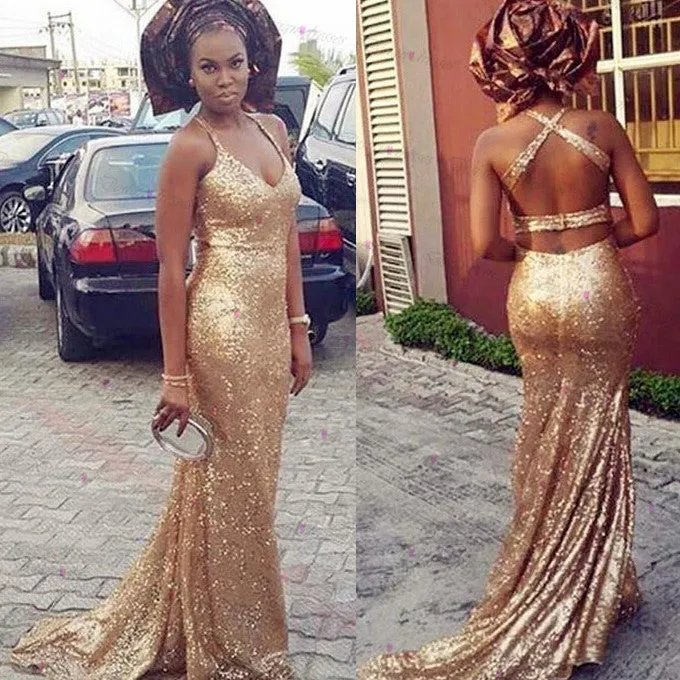 Gold Sequin V-neck Long Halter Sexy Prom Dress