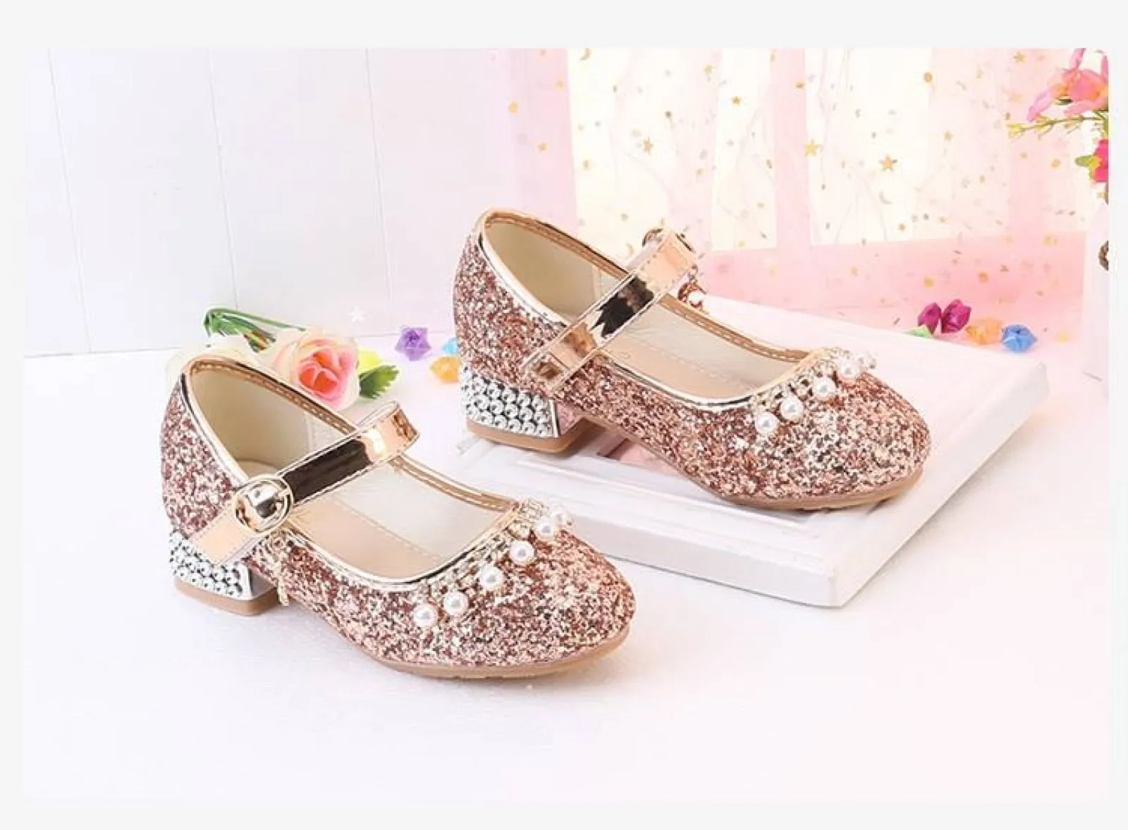 Gold / Silver Sequin Rhinestone Wedding Flower Girl Shoes High Heels Princess Dancing Shoes