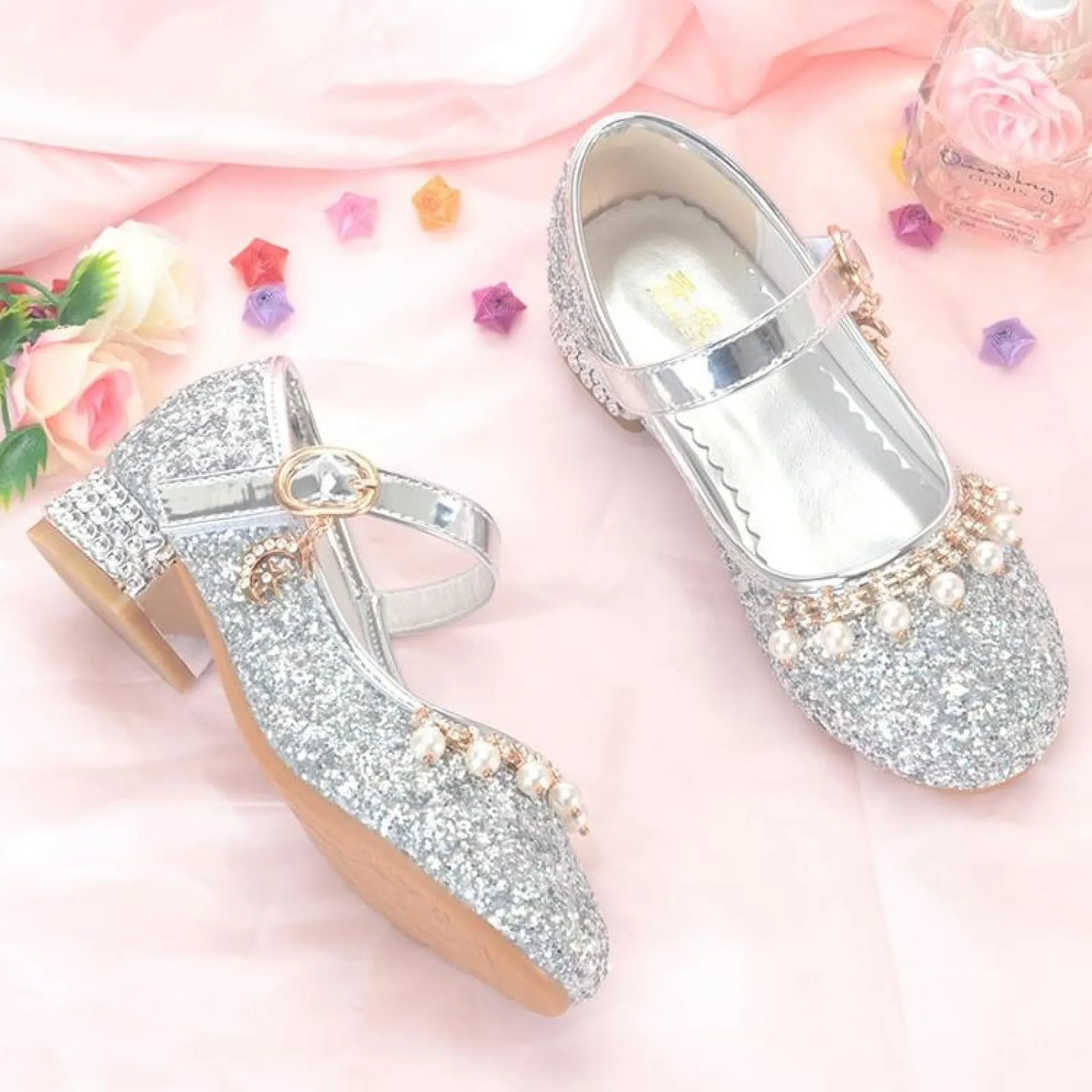 Gold / Silver Sequin Rhinestone Wedding Flower Girl Shoes High Heels Princess Dancing Shoes