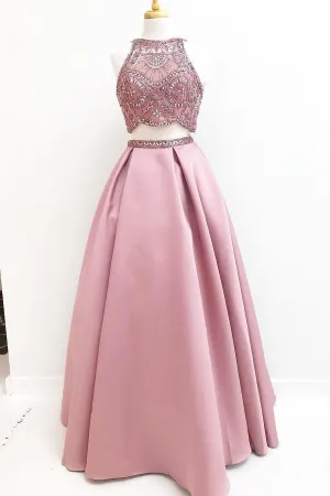 Gorgeous Two Piece Beading Pink Satin A Line Long Prom Dresses OK981
