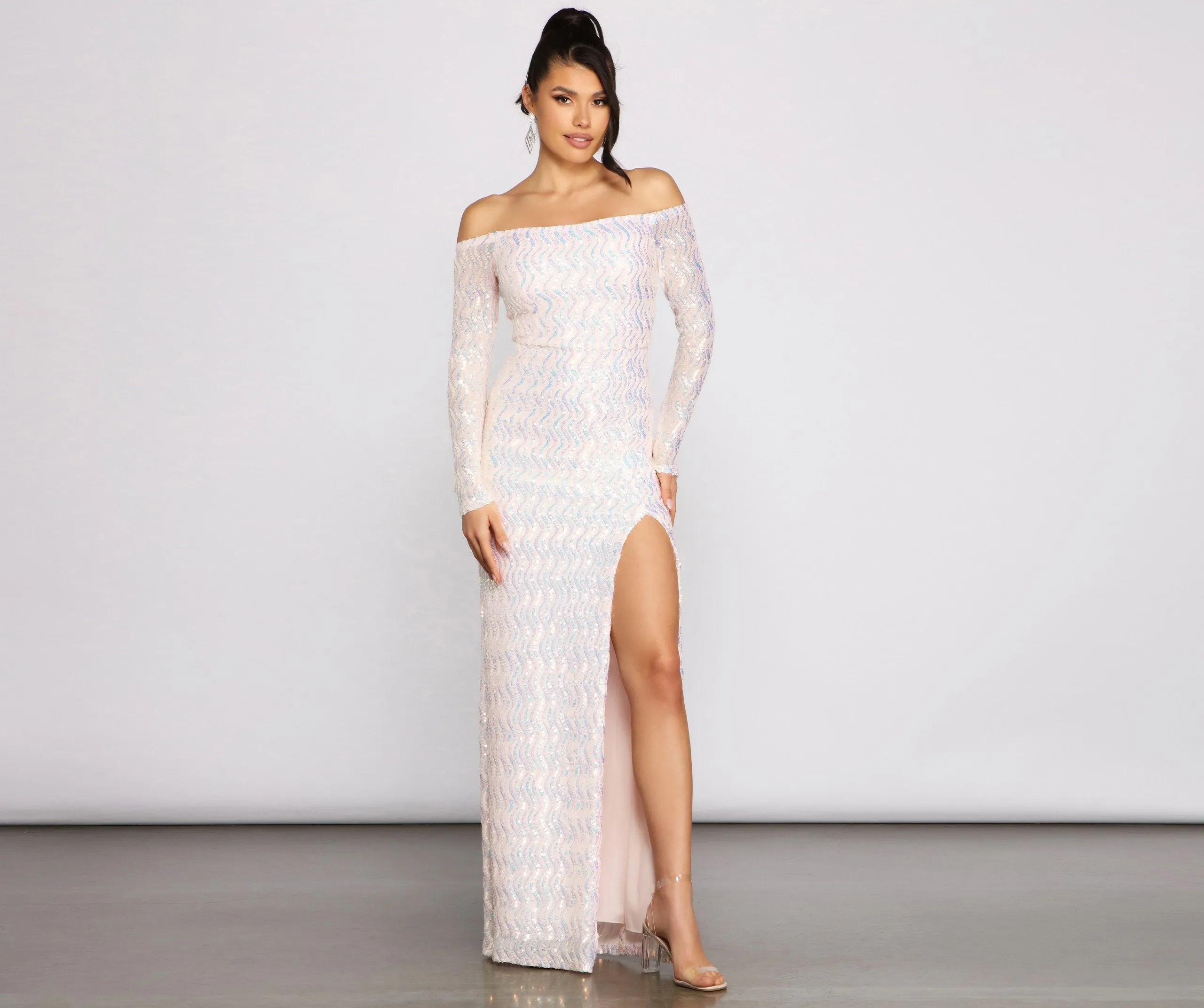Gracie Formal Off The Graceful Shoulder Iridescent Sequin Dress