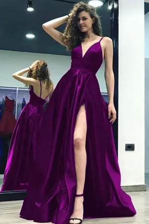 Grape Satin A-line V-neck Split Backless Long Prom Dress With Straps TP0147