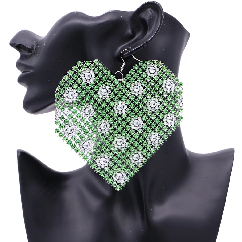 Green Mesh Rhinestone Heart Earrings