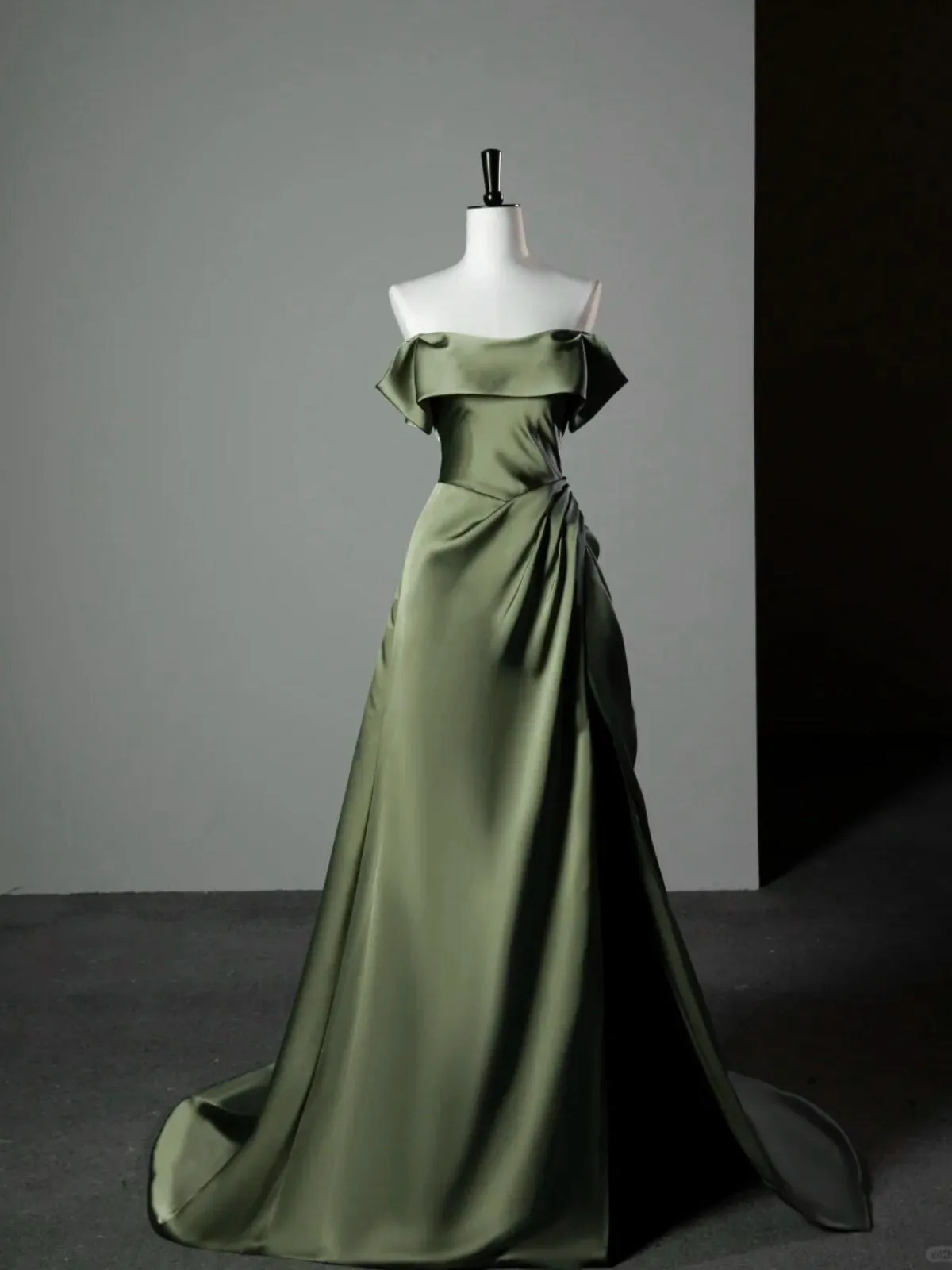 Green Satin A-line Off Shoulder Floor Length Party Dress, Green Satin Prom Dress