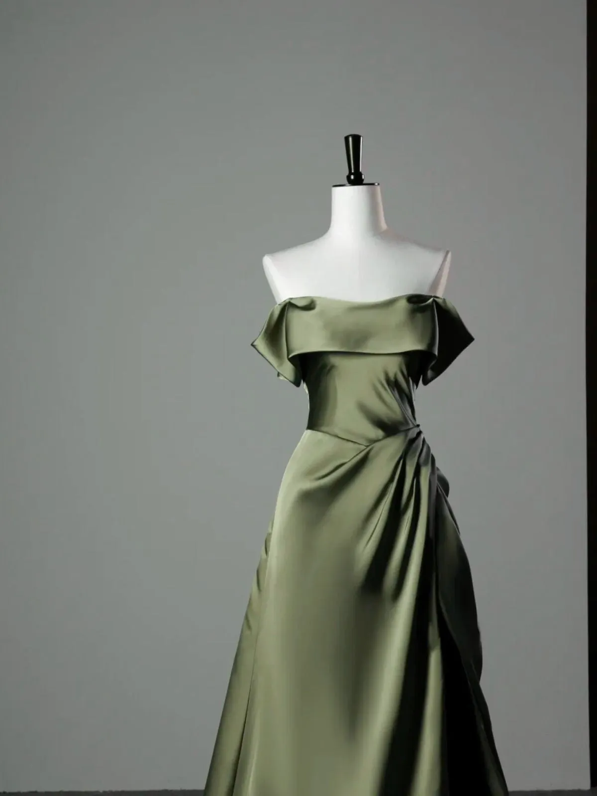 Green Satin A-line Off Shoulder Floor Length Party Dress, Green Satin Prom Dress