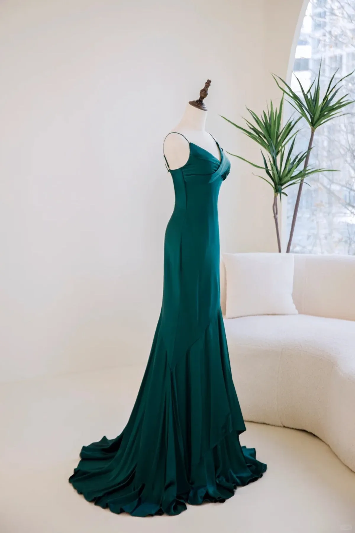 Green Satin Mermaid Straps Sweetheart Long Party Dress, Green Soft Satin Evening Dress