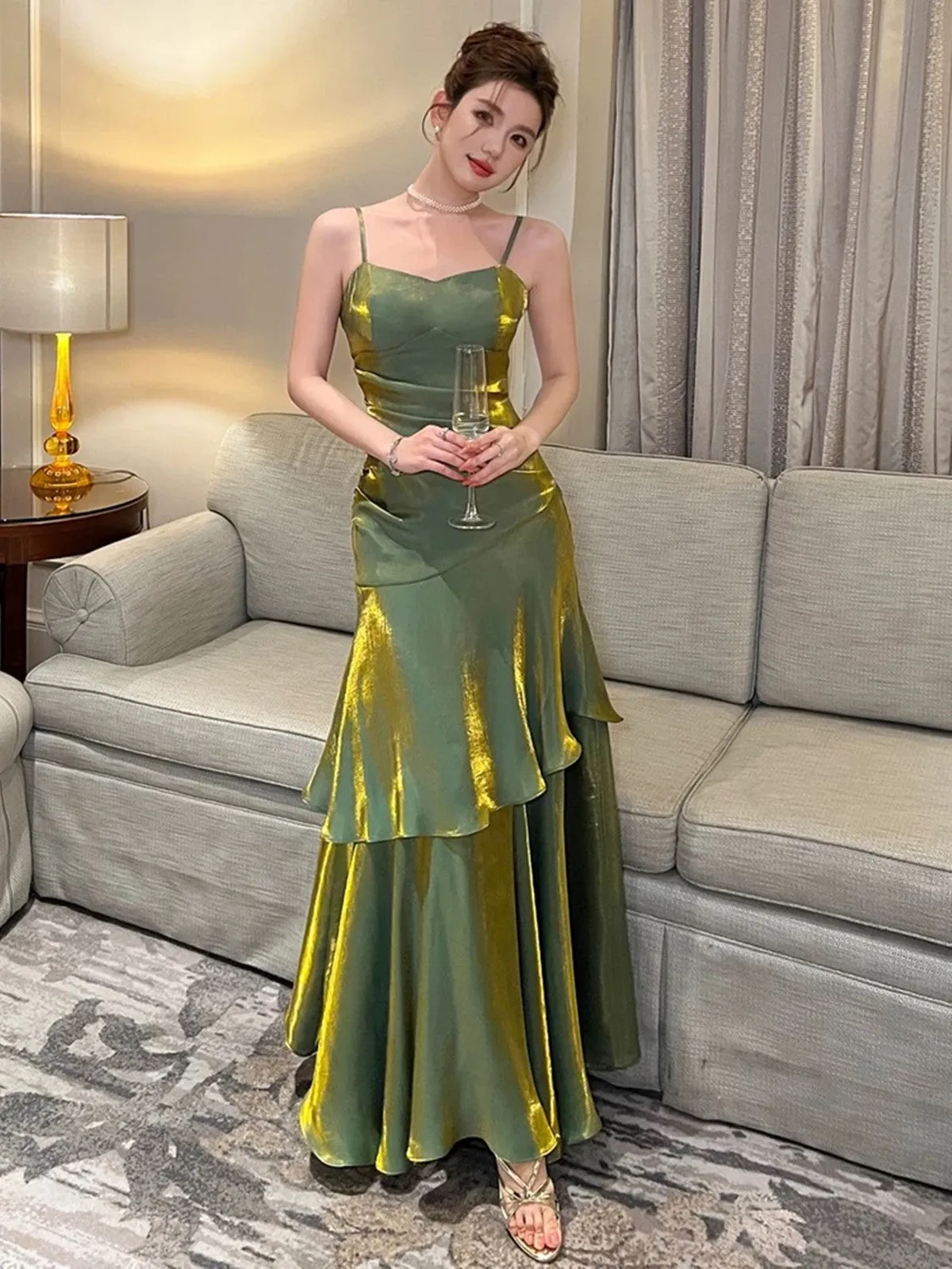 Green Satin Sweetheart Long Party Dress, Green Straps Satin Prom Dress Evening Dress