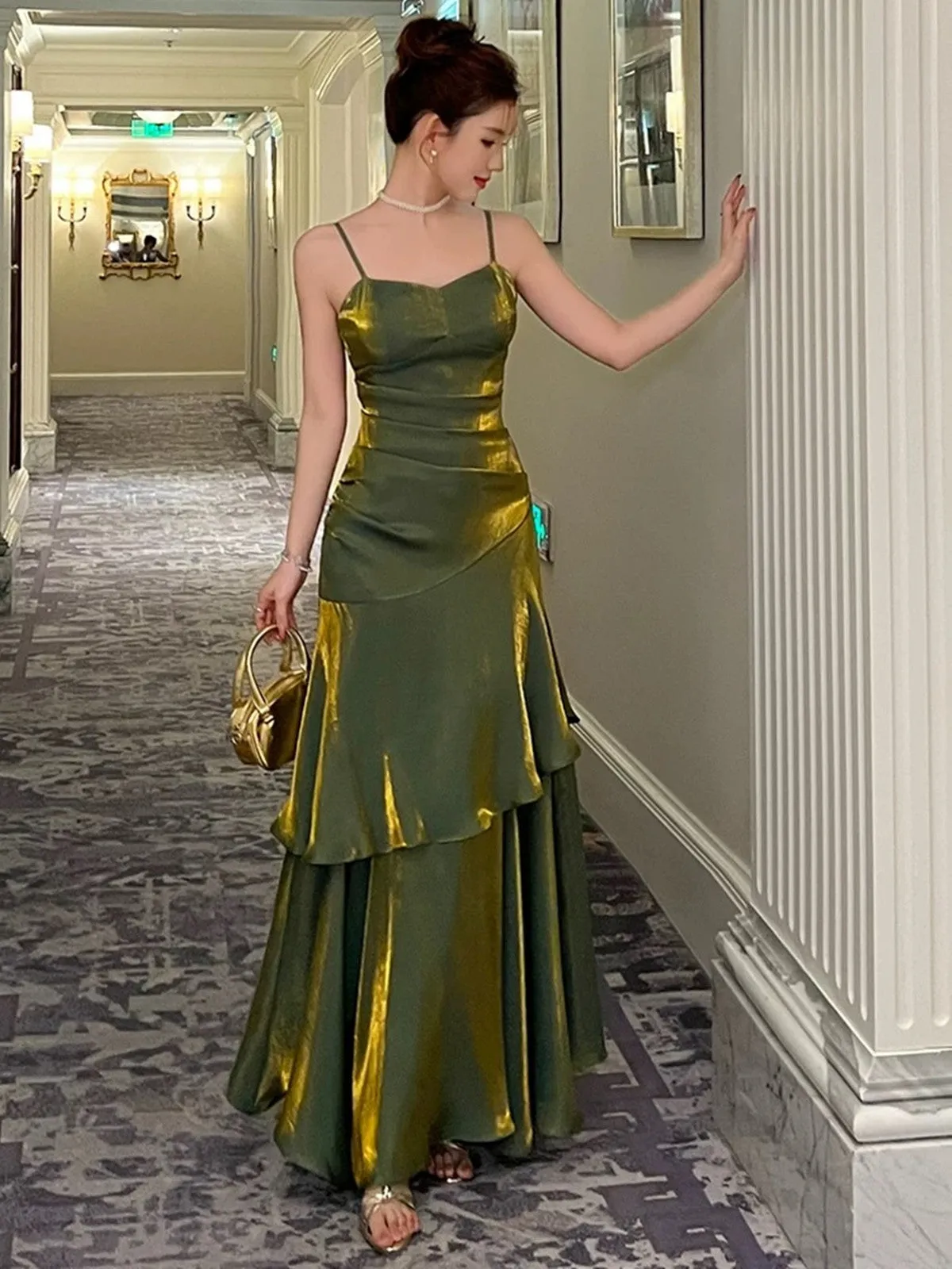 Green Satin Sweetheart Long Party Dress, Green Straps Satin Prom Dress Evening Dress