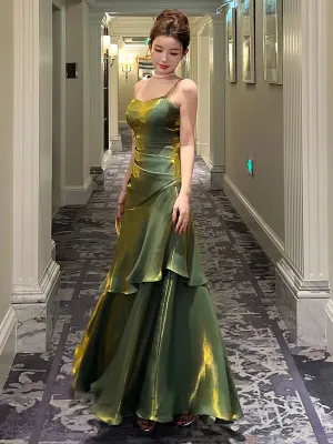 Green Satin Sweetheart Long Party Dress, Green Straps Satin Prom Dress Evening Dress