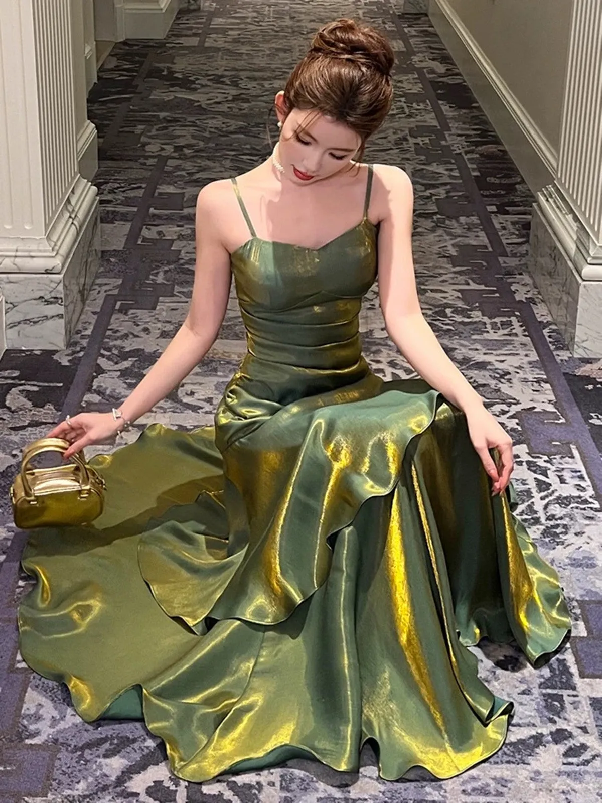 Green Satin Sweetheart Long Party Dress, Green Straps Satin Prom Dress Evening Dress