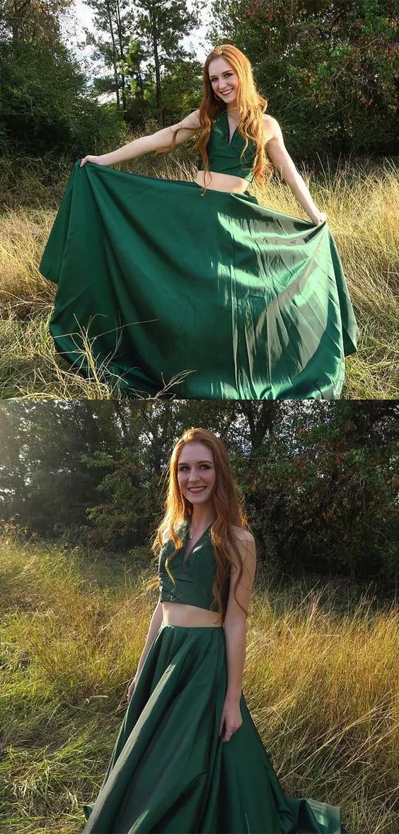 Green Two Pieces A Line Simple Long V Neck Prom Dress OK966