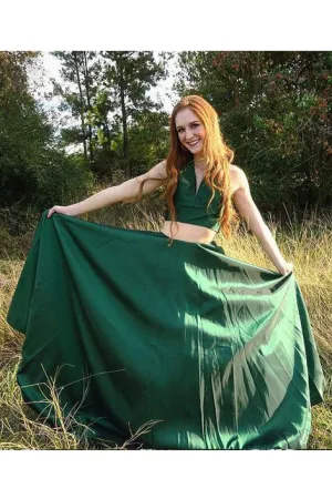 Green Two Pieces A Line Simple Long V Neck Prom Dress OK966