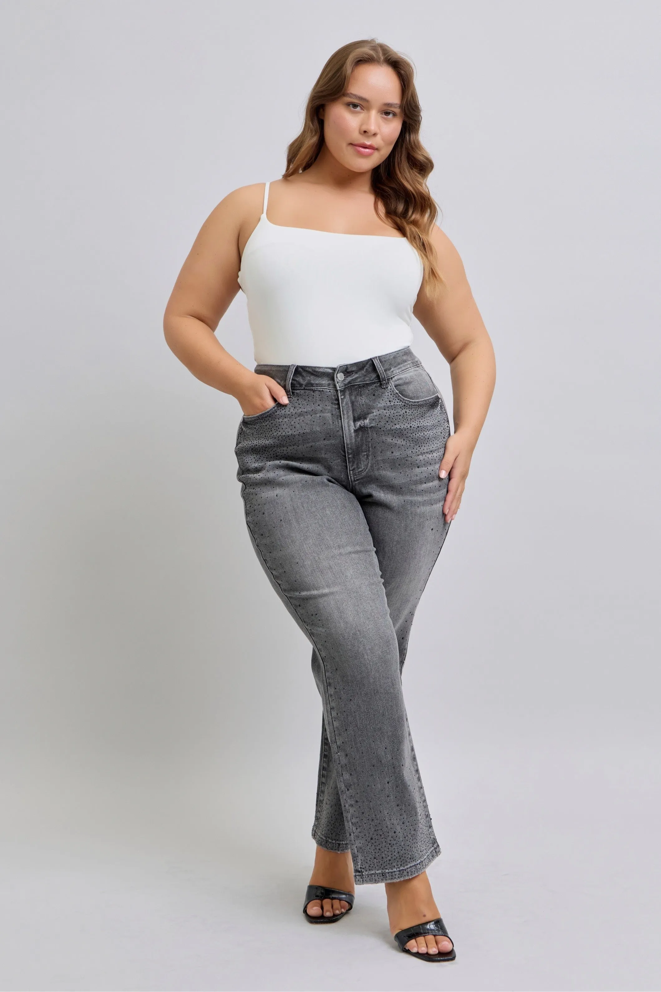 Grey High Waist Rhinestone Straight Judy Blue Jeans 2/11/25 9280